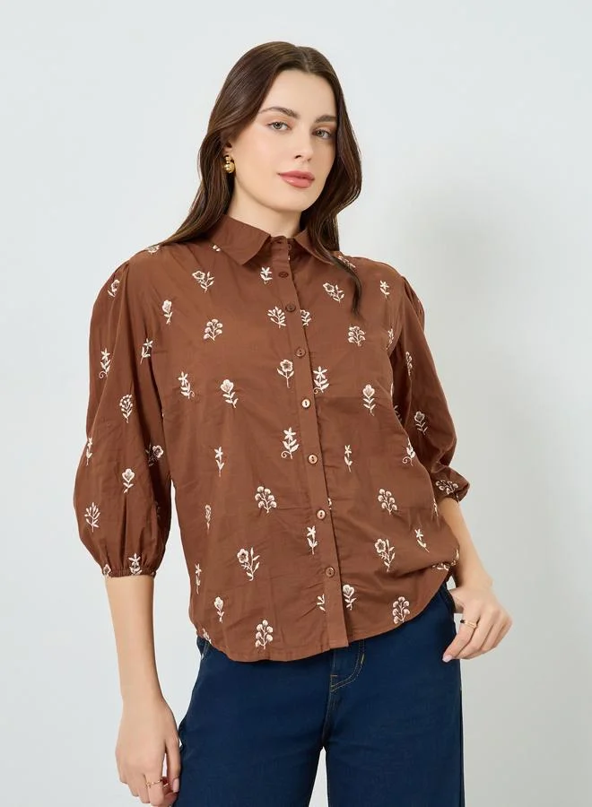Styli Women Brown Embroidered Shirt with 3/4 Sleeves